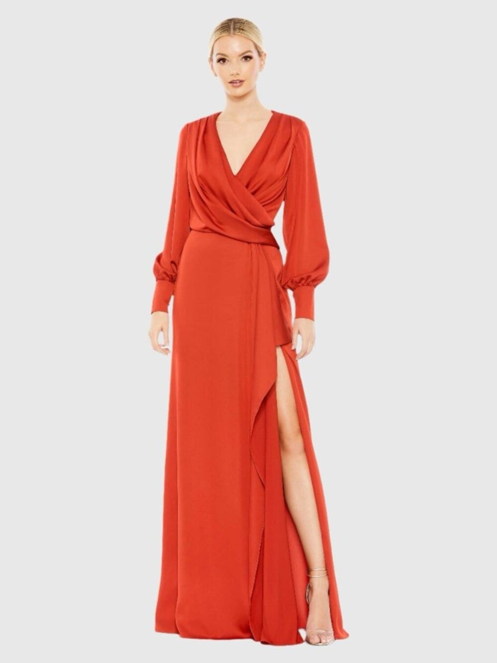 MAC DUGGAL Size 6 Orange SATIN RUCHED BISHOP SLEEVE Cocktail GOWN Dress $398 New